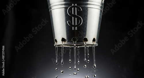 Financial challenges visualized Leaking dollar bucket highlights monetary loss and economic instability