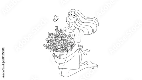 Line art illustration of a woman kneeling with her eyes closed holding a large pot of flowers with a butterfly flying nearby in nature.