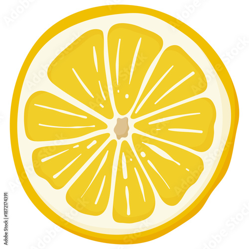 Top view illustration of a fresh lemon slice isolated on white background. Perfect for drink and beverage design, cocktail and mocktail recipes, lemonade visuals, food packaging, menus