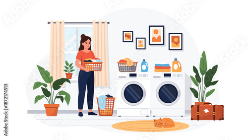 Busy woman organizes her household chores by carrying a basket of clothes in a modern laundry room with two washing machines.