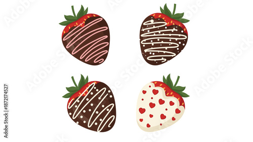 Set of four delicious chocolate dipped strawberries decorated with various icing patterns including white lines, pink swirls, and hearts.