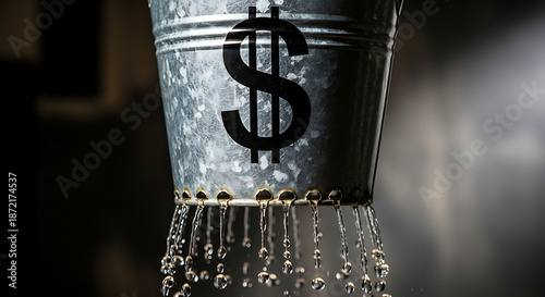 Concept of financial leakage valuable assets and resources slowly draining from a dollar-marked bucket, symbolizing waste