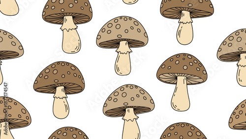 Seamless pattern background featuring various hand drawn brown mushrooms with light stems and spotted caps on a clean white backdrop.