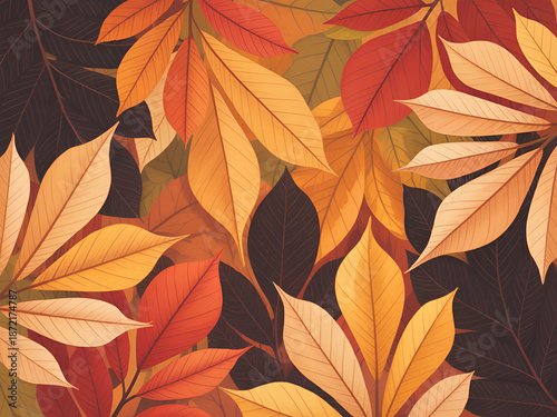 Vibrant Autumn Leaves Pattern with Warm Orange and Yellow Hues in Vector Illustration Style