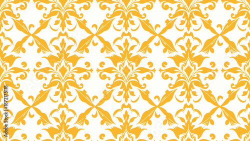 Decorative textile-inspired wallpaper with symmetrical botanical designs and refined ornamental flourishes on dark background