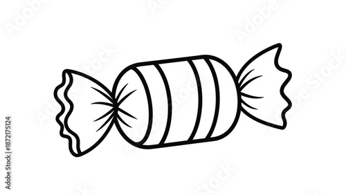 Simple black and white line drawing of a wrapped piece of candy with stripes on its body and crinkled ends on a white background.