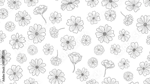 Elegant black and white pattern of many small various flowers and buds in a delicate line art style across a plain white background.