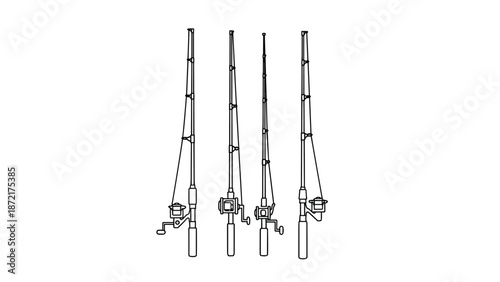 Four different types of fishing rods shown in black and white line art with reels and lines ready for an outdoor fishing trip.