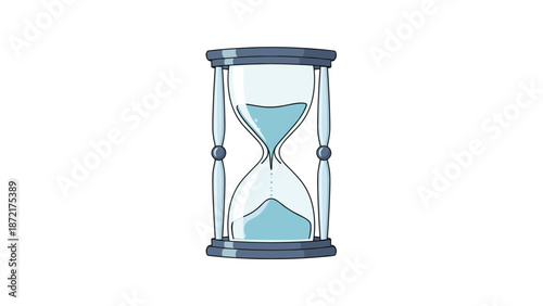 Traditional hourglass filled with blue sand placed against a plain white background representing the concept of passing time.