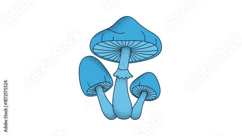 Set of three blue forest mushrooms of varying sizes rendered in a vintage stippled ink style for nature-themed art and organic decorations.