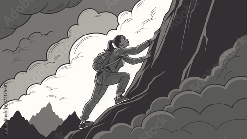 Determined Woman Rock Climbing Towards Mountain Summit Illustration