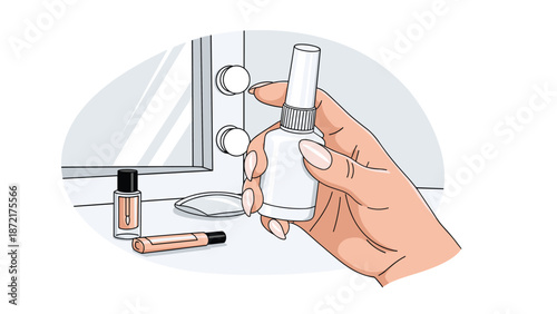 Female hand holding a white skincare product bottle in front of a vanity mirror with various cosmetics and makeup tools on a white table.