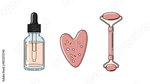 Beauty skincare kit including a glass dropper bottle, a heart-shaped pink stone, and a double-sided face roller for facial massage routines.