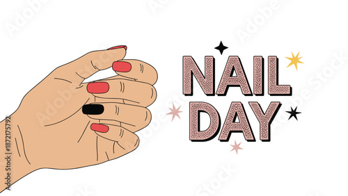 Human hand showing red and black manicured fingernails next to decorative nail day text with small sparkling star elements for salons.