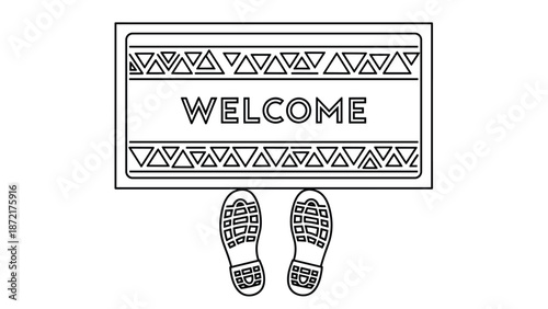 Welcome doormat illustration with geometric triangle patterns and two black shoe prints isolated on a plain white background.