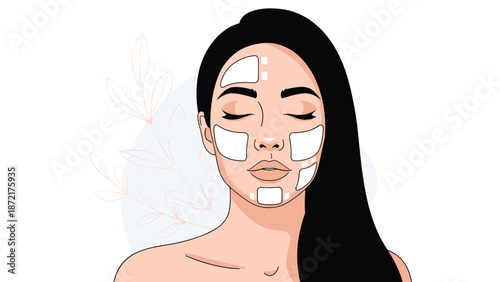 Beauty concept portrait of a woman with black hair applying white cosmetic skin care patches to her forehead and facial cheeks.