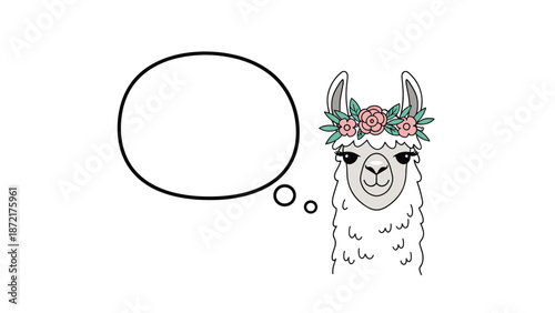 Sweet llama head wearing a floral crown with an empty speech bubble for customized text in a cute cartoon style for cards.