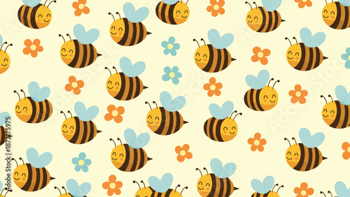 Playful seamless pattern of happy cartoon honey bees flying among small orange and blue flowers on a light yellow background.