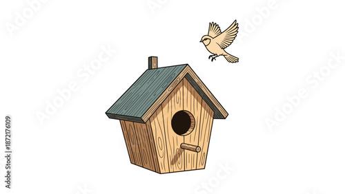 Small bird in flight gracefully approaching a handcrafted wooden birdhouse with a green roof against a clean white background.