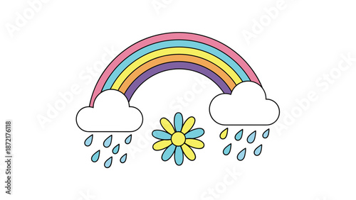 Simple colorful rainbow connecting two fluffy clouds with raindrops falling and a bright yellow sunflower placed in the center.