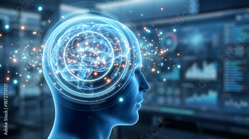 Glowing Digital Brain in Human Silhouette: Conceptual 3D Illustration of AI Neural Networks, Cognitive Innovation, and BCI Technology for the 2026 Era