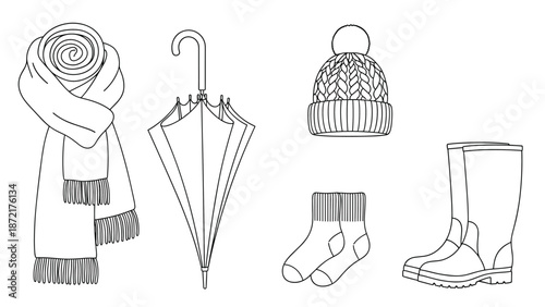 Collection of winter clothing line art icons including a scarf, umbrella, beanie hat, socks, and rubber boots.