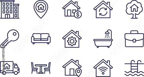 Real Estate Icon Set with House Home Property Management Symbols including Keys Furniture Moving Truck Pool Apartment and Mortgage Marketing Icons