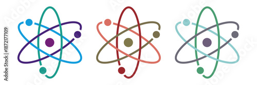 Colorful Atom vector icon set with Three electrons rotate in orbits around the atomic nucleus Vector illustration