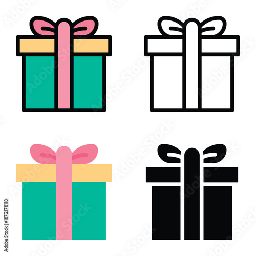 Gift Box Icon Set. Present Gift Box Tied, Birthday, Ramadan, Wedding Event, Party, Celebration, And Achievement Success. Multiple Style Icons, 