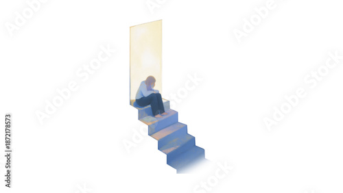 Sad Man Sitting on Stairs Looking Down Depressed and Lonely