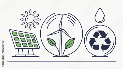 A vector graphic illustration of Eco-friendly energy and recycling symbols in a minimalist design