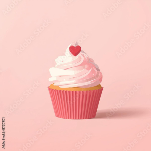 A delectable cupcake topped with creamy frosting and a small heart, presented against a soft pink background, perfect for celebrations