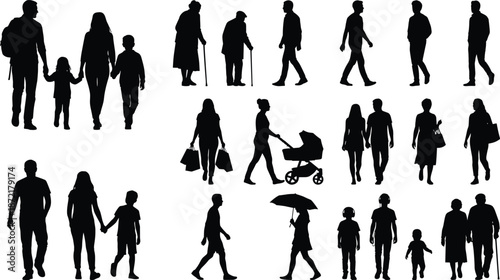 People silhouettes walking set, family adults children elderly daily life activities isolated on white background, lifestyle society illustration stock