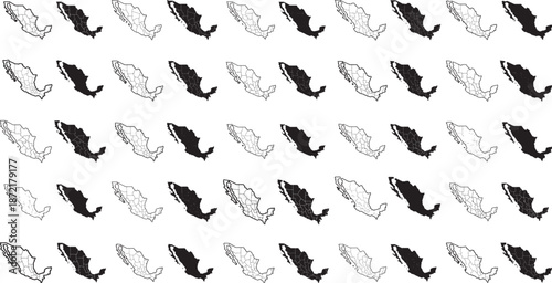 Collection of multiple black and white Mexico maps with states on white background