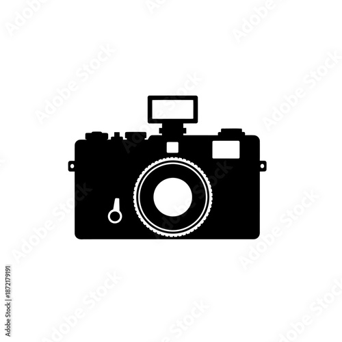 A black and white illustration of a digital camera with a large lens and flash on top isolated on a plain background with vector and photography