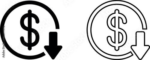 Cost reduction icon with dollar decrease sign, profit decline and savings symbol vector illustration on transparent background