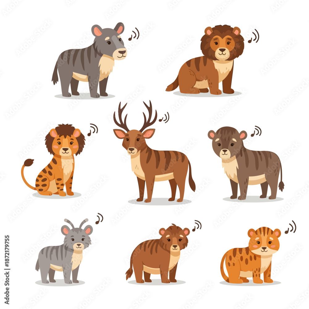 Obraz premium Cute cartoon animals set: lions, deer, tiger cubs, and striped creatures
