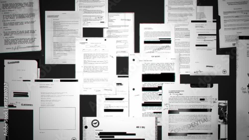 Various secret classified documents and files on dark background with censorship. Black lines hiding sensitive information and text. Government spy agency reports or leaked exposed declassified papers