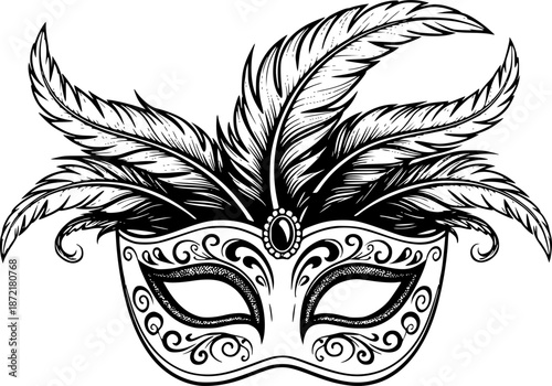 Elegant Hand-Drawn Venetian Mask with Feathers for Carnival