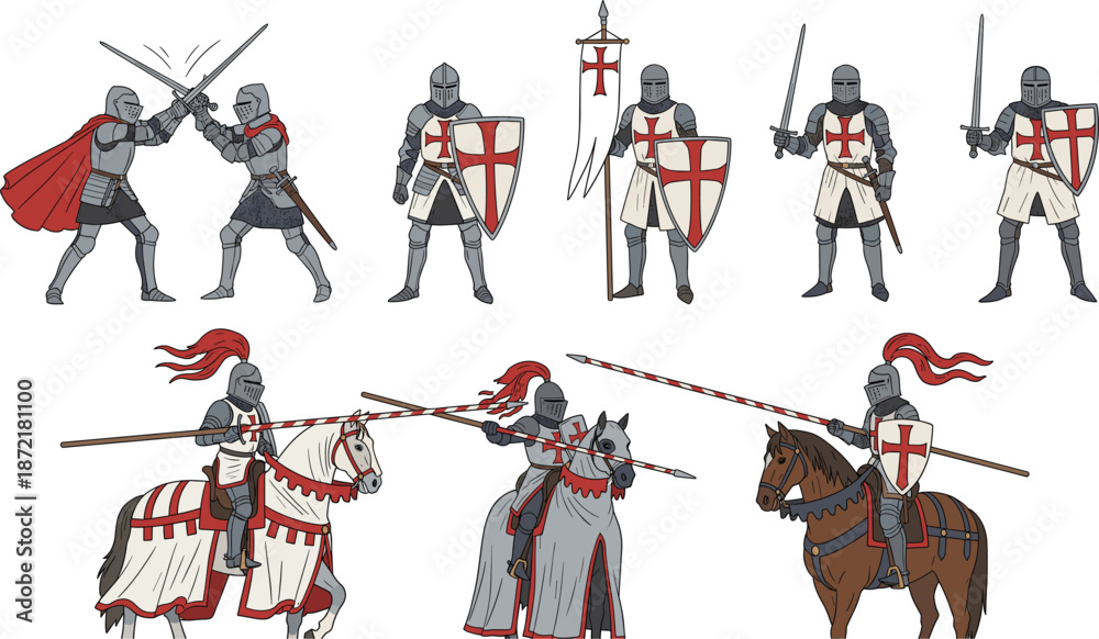Αυτοκόλλητο Medieval knight templar vector set featuring crusader warriors with swords shields and lances on horses isolated on white background for historical design