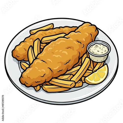 Delicious fish and chips served on a plate with tartar sauce and lemon. This classic dish is a favorite around the world