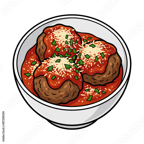 A mouthwatering image showcasing a bowl of meatballs bathed in a rich tomato sauce and garnished with cheese. The dish is a culinary delight, perfect for food enthusiasts.