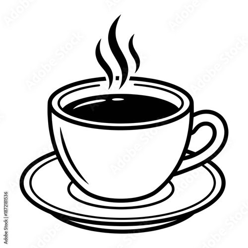 A monochrome image of a coffee cup with steam rising, set on a saucer