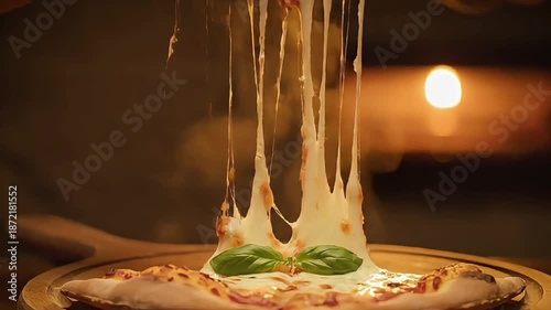 Hands lifting pizza slice with cheese pull