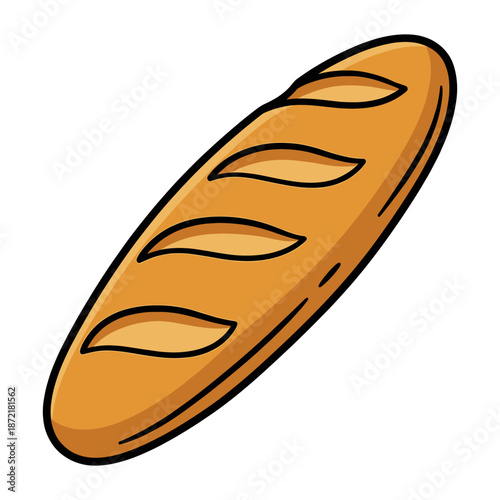 A freshly baked baguette, isolated on plain background, ready to be sliced and enjoyed. The baguette has a golden crust and a delicious, inviting appearance. 