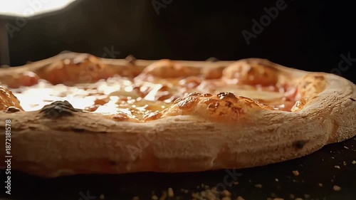 Whole cheese pizza on stone board