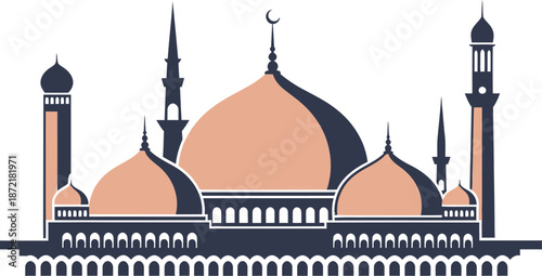 Islamic mosque architecture with domes and minarets