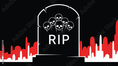 Spooky cemetery scene with a tombstone marked RIP and five skulls set against a dark background with red and white city skyline.