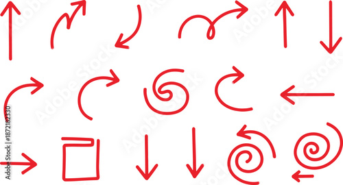 Large set of red hand-drawn arrows and spiral pointers in various directions for highlighting and creative design projects.