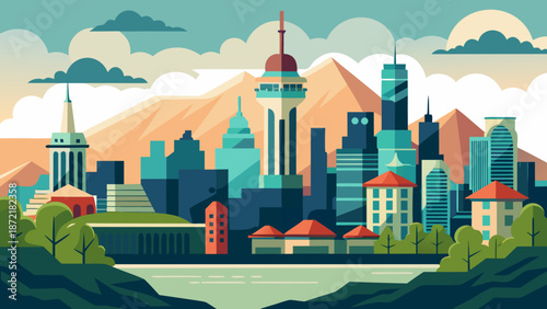 Vibrant cityscape with diverse architecture Vector